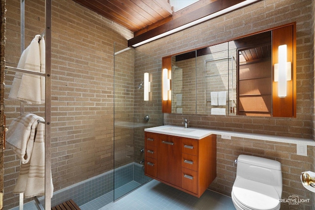 5N477 Curling Pond Rd, Wayne, IL 60184 - full bathroom with vanity, walk in shower, tile patterned floors, and brick wall