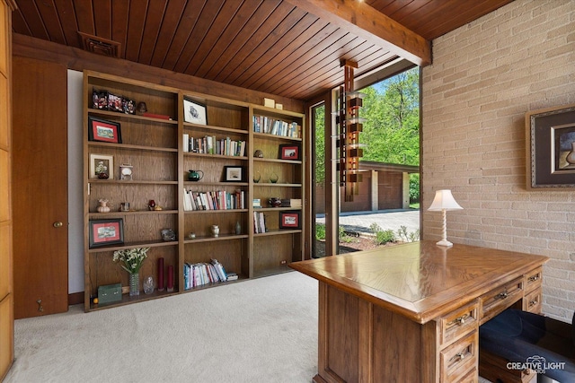 5N477 Curling Pond Rd, Wayne, IL 60184 - office area featuring a wood ceiling with exposed beams, brick wall, and carpet flooring