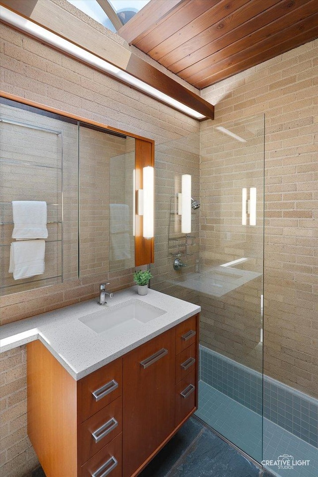 5N477 Curling Pond Rd, Wayne, IL 60184 - bathroom featuring vanity, a walk in shower, and wood ceiling