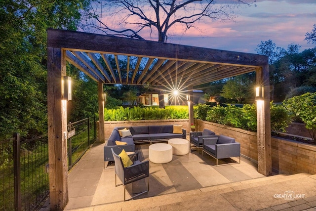 5N477 Curling Pond Rd, Wayne, IL 60184 - patio terrace at dusk featuring outdoor lounge area, a pergola, and a patio