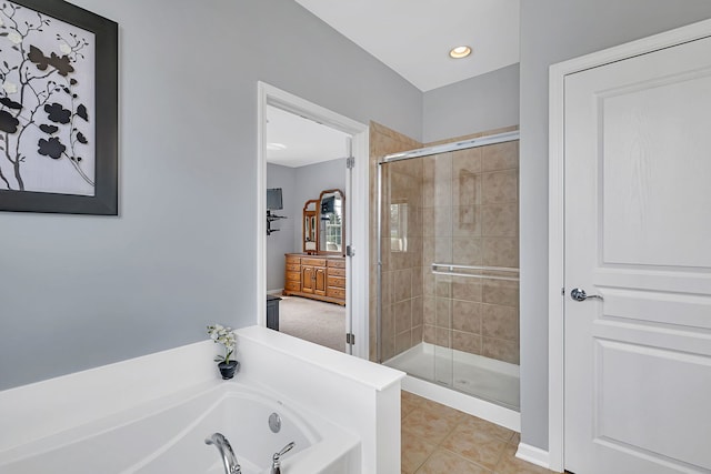 814 Glory Ct, Shorewood, IL 60404 - bathroom with a shower stall, a bath, tile patterned floors, and recessed lighting