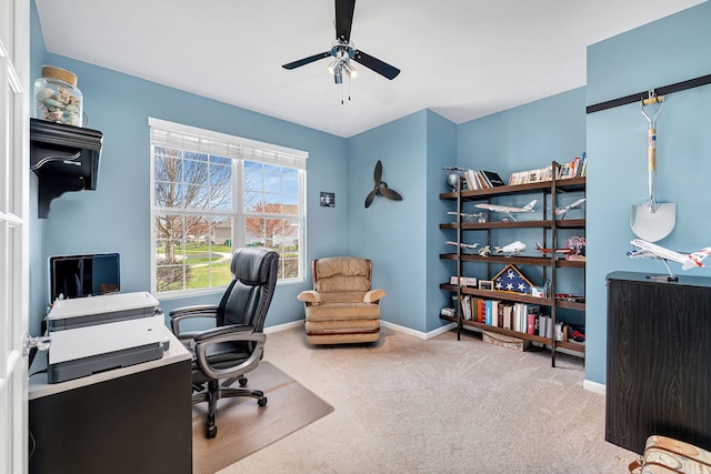 814 Glory Ct, Shorewood, IL 60404 - carpeted home office with ceiling fan and baseboards
