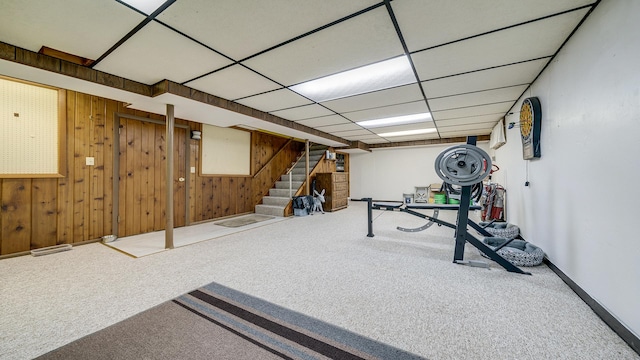 113 Maple Ave, Mount Morris, IL 61054 - exercise room with carpet floors, wooden walls, baseboards, and a drop ceiling