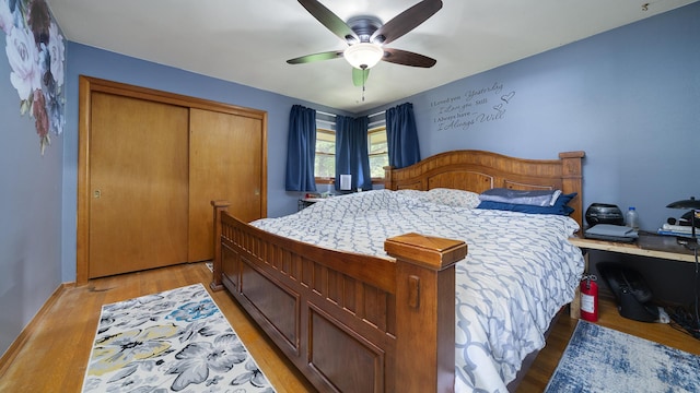 113 Maple Ave, Mount Morris, IL 61054 - bedroom with light wood-type flooring, a closet, and a ceiling fan