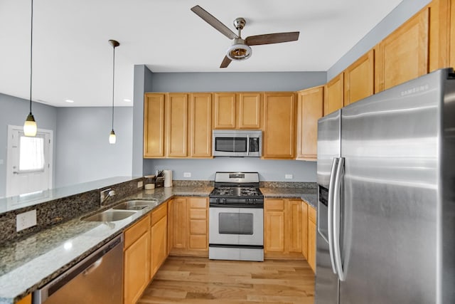 3436 N Harlem Ave Unit 1, Chicago, IL 60634 - kitchen featuring appliances with stainless steel finishes, a sink, light wood-type flooring, ceiling fan, and light brown cabinets
