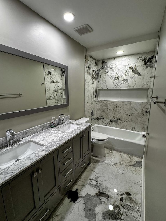 8210 Elmwood Ave Unit 106, Skokie, IL 60077 - full bath featuring double vanity,  shower combination, toilet, and marble finish floors