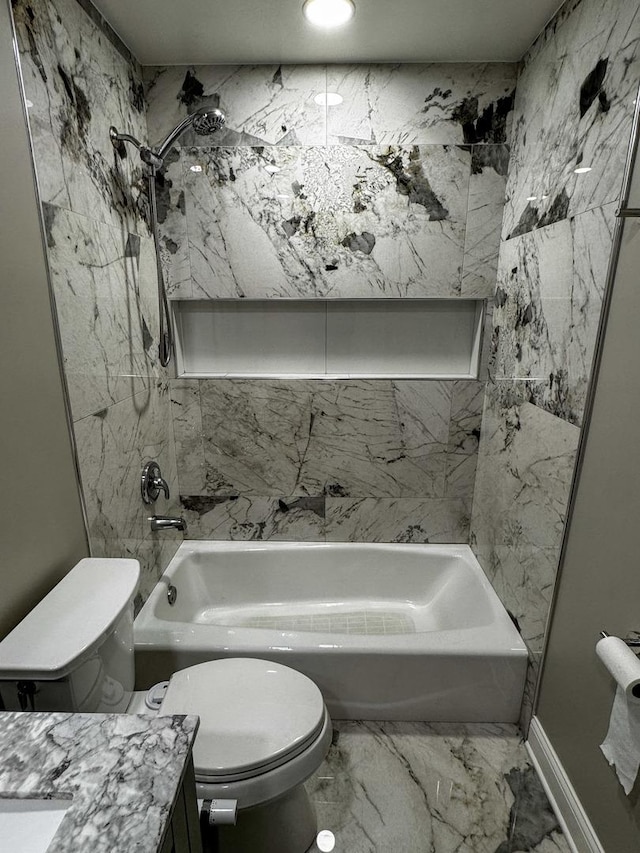 8210 Elmwood Ave Unit 106, Skokie, IL 60077 - bathroom featuring toilet, shower / bathtub combination, vanity, marble finish floors, and baseboards