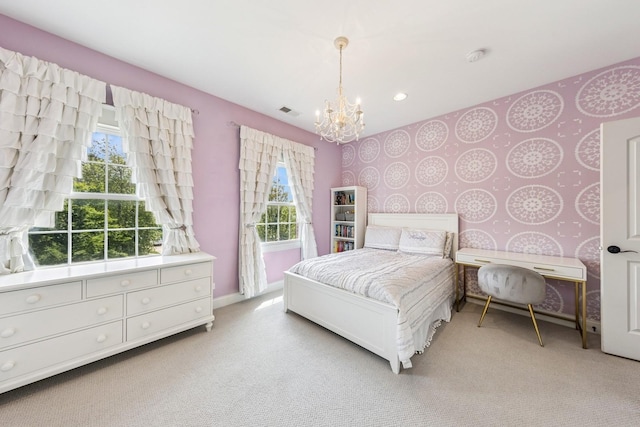 16 Tuttle Ave, Clarendon Hills, IL 60514 - bedroom with wallpapered walls, a chandelier, light colored carpet, baseboards, and recessed lighting