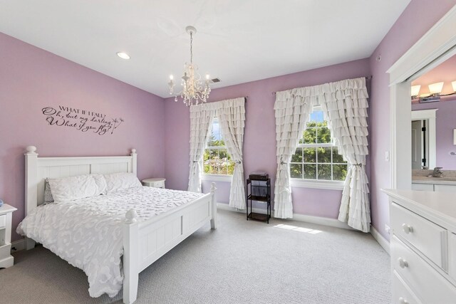 16 Tuttle Ave, Clarendon Hills, IL 60514 - bedroom with light colored carpet, a chandelier, a sink, baseboards, and recessed lighting