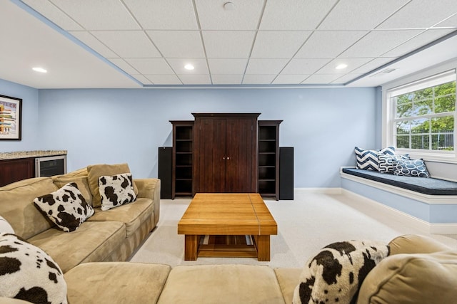 16 Tuttle Ave, Clarendon Hills, IL 60514 - living area featuring light carpet, beverage cooler, baseboards, recessed lighting, and a drop ceiling
