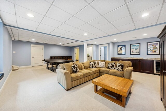 16 Tuttle Ave, Clarendon Hills, IL 60514 - living area with light colored carpet, baseboards, recessed lighting, a drop ceiling, and wine cooler