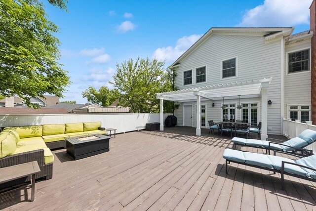 16 Tuttle Ave, Clarendon Hills, IL 60514 - deck featuring an outdoor living space with a fire pit, a pergola, grilling area, and outdoor dining space