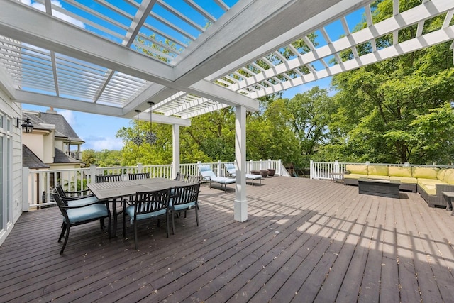 16 Tuttle Ave, Clarendon Hills, IL 60514 - deck featuring an outdoor living space, outdoor dining area, a pergola, and view of scattered trees