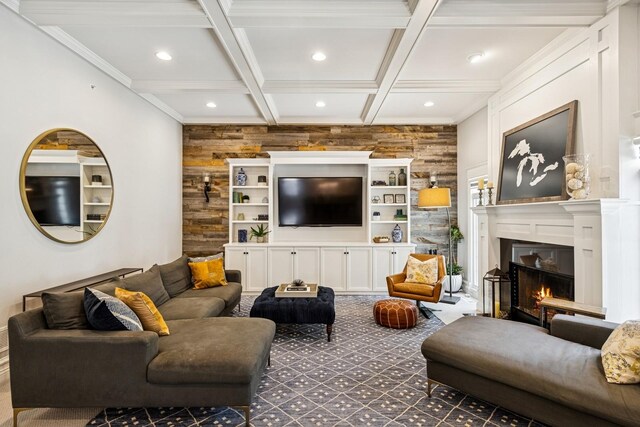 16 Tuttle Ave, Clarendon Hills, IL 60514 - living room featuring wooden walls, recessed lighting, coffered ceiling, carpet, and a warm lit fireplace
