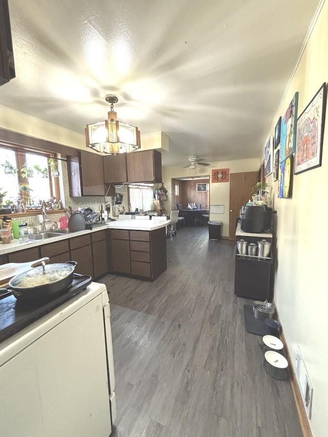 7951 S Kolin Ave, Chicago, IL 60652 - kitchen featuring a peninsula, dark wood finished floors, light countertops, fridge, and a sink