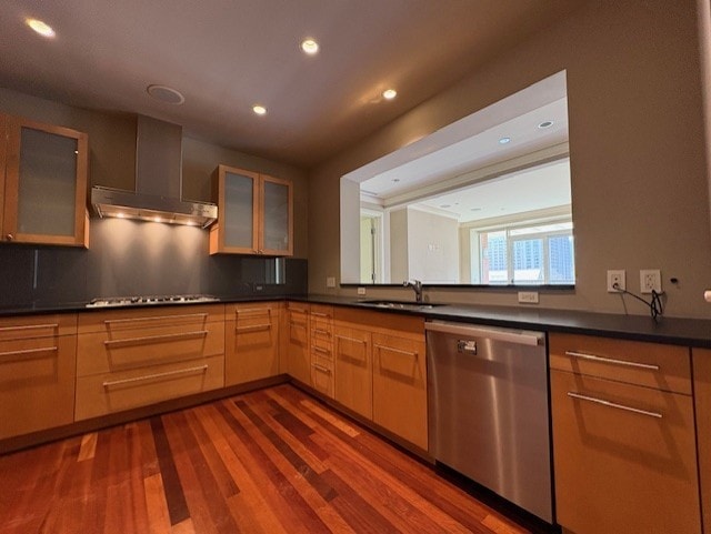270 E Pearson St Unit 602, Chicago, IL 60611 - kitchen with dishwasher, wall chimney exhaust hood, a sink, dark wood-style floors, and black stovetop