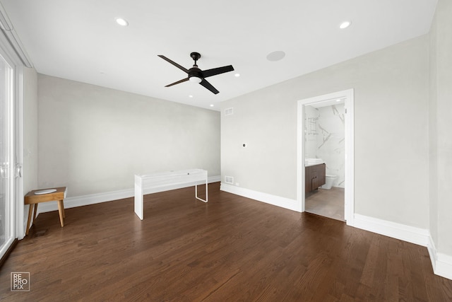 1448 W Chestnut St Unit 3, Chicago, IL 60642 - unfurnished bedroom featuring dark wood-type flooring, baseboards, recessed lighting, ceiling fan, and connected bathroom