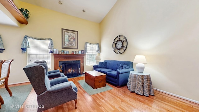 1719 Westbridge Ct, Hoffman Estates, IL 60194 - living room featuring wood finished floors, a fireplace with flush hearth, baseboards, and lofted ceiling