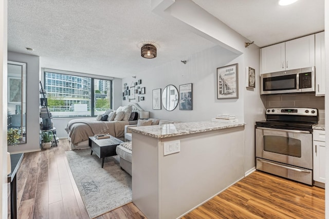 480 N Mcclurg Ct Unit 807, Chicago, IL 60611 - kitchen with stainless steel appliances, white cabinetry, light wood finished floors, a peninsula, and tasteful backsplash