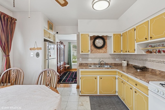 5738 W 88th St, Oak Lawn, IL 60453 - kitchen with a sink, white appliances, backsplash, light tile patterned flooring, and open shelves