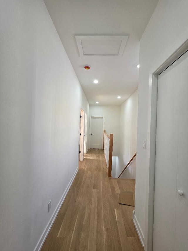 2906 W 40th St, Chicago, IL 60632 - hall featuring an upstairs landing, wood finished floors, recessed lighting, baseboards, and attic access