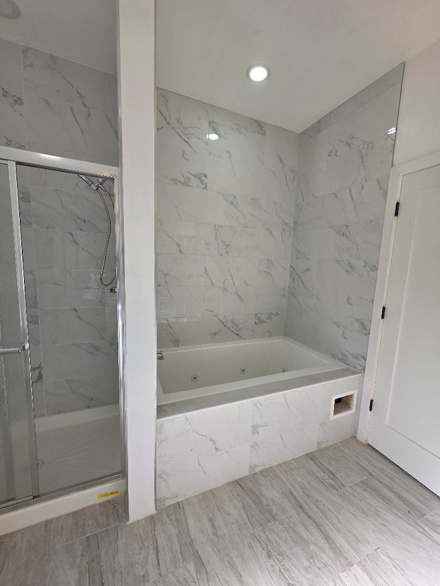 2906 W 40th St, Chicago, IL 60632 - full bathroom featuring a jetted tub, a marble finish shower, marble finish flooring, and recessed lighting