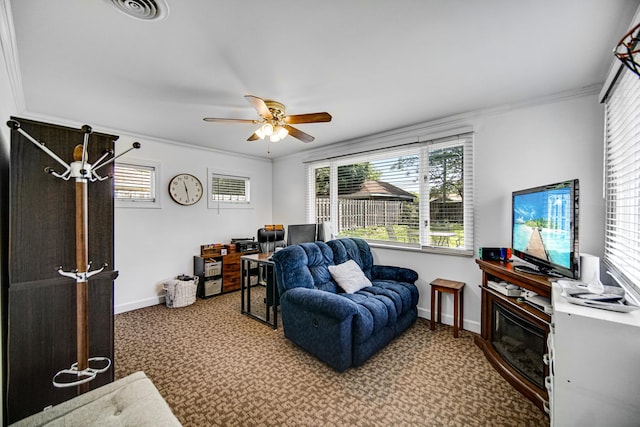 17601 Howe Ave, Homewood, IL 60430 - carpeted office featuring baseboards, a ceiling fan, crown molding, and healthy amount of natural light