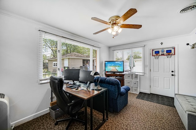 17601 Howe Ave, Homewood, IL 60430 - office space featuring a ceiling fan, baseboards, dark carpet, and crown molding