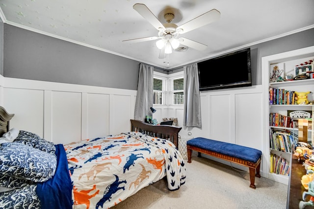 17601 Howe Ave, Homewood, IL 60430 - carpeted bedroom with a decorative wall, crown molding, a wainscoted wall, and ceiling fan