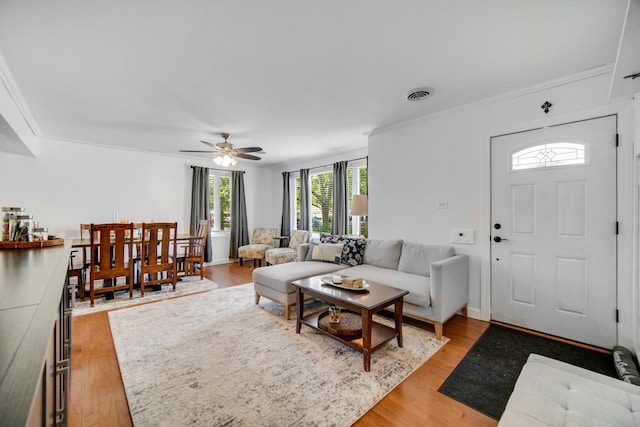 17601 Howe Ave, Homewood, IL 60430 - living area featuring ornamental molding, a ceiling fan, and light wood-style floors