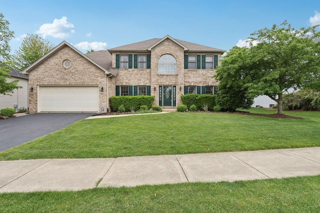 548 Asbury Dr, Aurora, IL 60502 - colonial inspired home with driveway, an attached garage, a front yard, and brick siding
