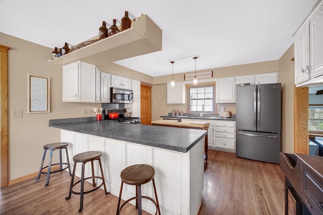 1048 Somonauk St, Sycamore, IL 60178 - kitchen with stainless steel appliances, dark countertops, a peninsula, and light wood finished floors