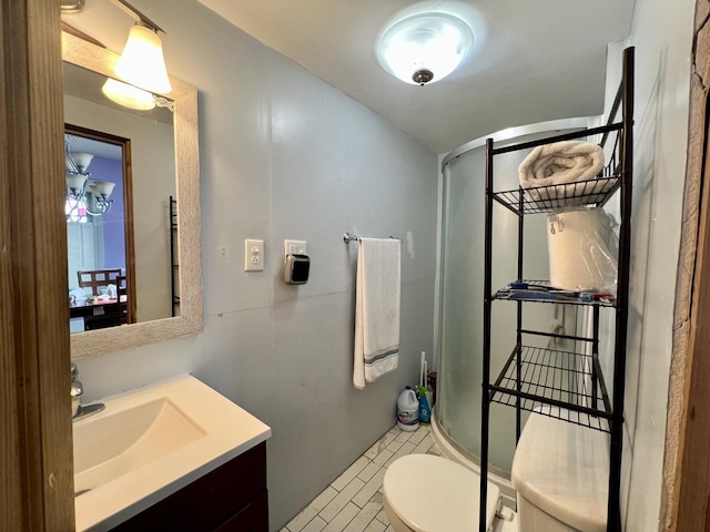 335 N Highway Ave, Deland, IL 61839 - full bath featuring vanity, toilet, a shower stall, and tile patterned floors
