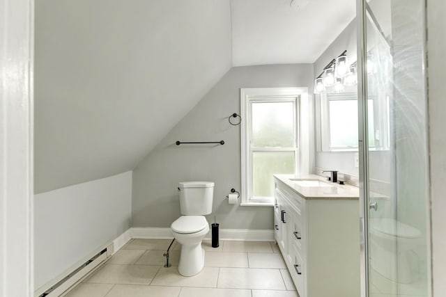 614 E 92nd Pl, Chicago, IL 60619 - bathroom featuring toilet, baseboard heating, vaulted ceiling, vanity, and a shower stall