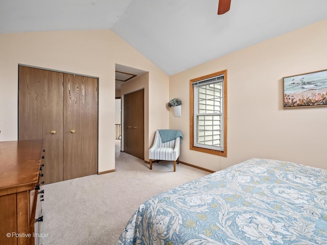 1937 N Coldspring Rd, Arlington Heights, IL 60004 - carpeted bedroom with lofted ceiling, baseboards, a ceiling fan, and a closet