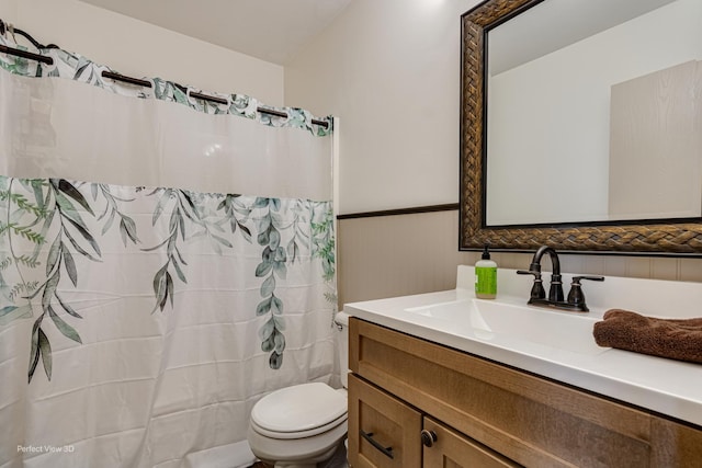 25122 Faraday Rd, Manhattan, IL 60442 - full bathroom featuring a wainscoted wall, vanity, toilet, and a shower with shower curtain