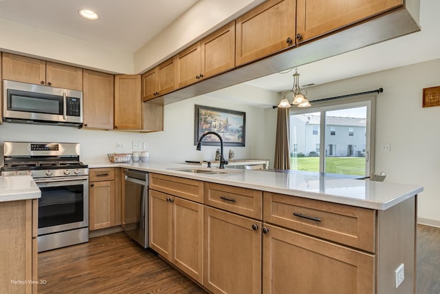 25122 Faraday Rd, Manhattan, IL 60442 - kitchen with appliances with stainless steel finishes, a peninsula, a sink, dark wood-style flooring, and light countertops