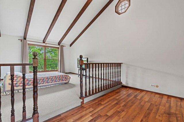 19N050 Felsmith Rd, Hampshire, IL 60140 - staircase with beamed ceiling, wood finished floors, and high vaulted ceiling