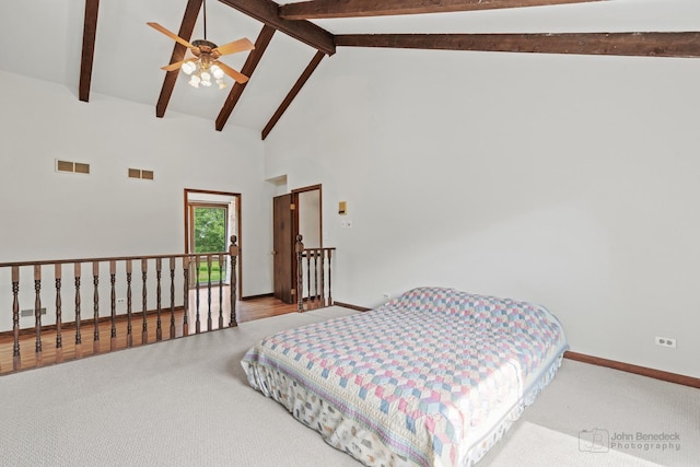 19N050 Felsmith Rd, Hampshire, IL 60140 - carpeted bedroom featuring high vaulted ceiling, beamed ceiling, and ceiling fan