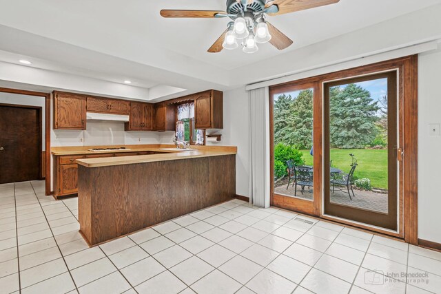 19N050 Felsmith Rd, Hampshire, IL 60140 - kitchen featuring light countertops, a peninsula, under cabinet range hood, ceiling fan, and recessed lighting
