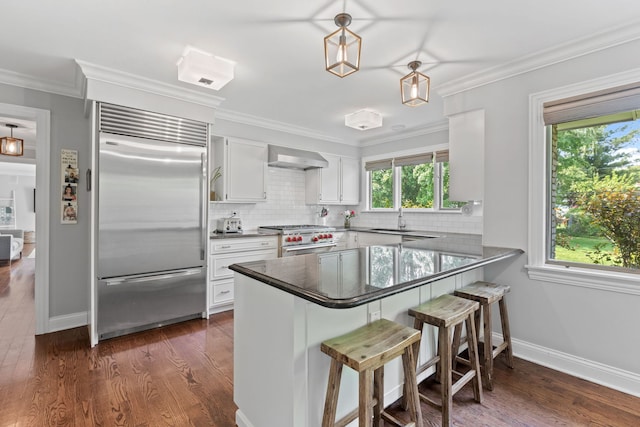 2510 Marian Ln, Wilmette, IL 60091 - kitchen featuring high end appliances, a sink, a peninsula, tasteful backsplash, and white cabinetry