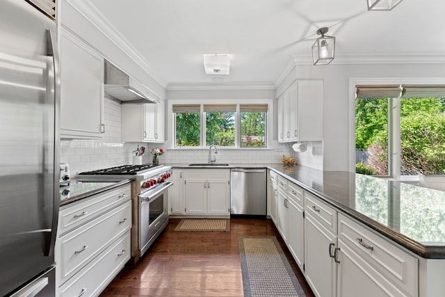 2510 Marian Ln, Wilmette, IL 60091 - kitchen with appliances with stainless steel finishes, exhaust hood, a sink, a peninsula, and white cabinets