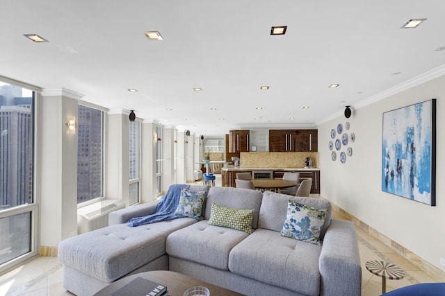 111 E Chestnut St Unit 24C, Chicago, IL 60611 - living room with light tile patterned flooring, recessed lighting, crown molding, baseboards, and inlaid floor details
