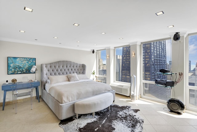 111 E Chestnut St Unit 24C, Chicago, IL 60611 - bedroom featuring light tile patterned flooring, crown molding, and radiator heating unit
