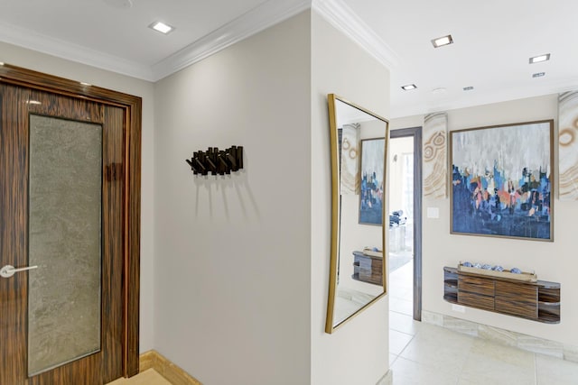 111 E Chestnut St Unit 24C, Chicago, IL 60611 - corridor with crown molding, light tile patterned flooring, and baseboards