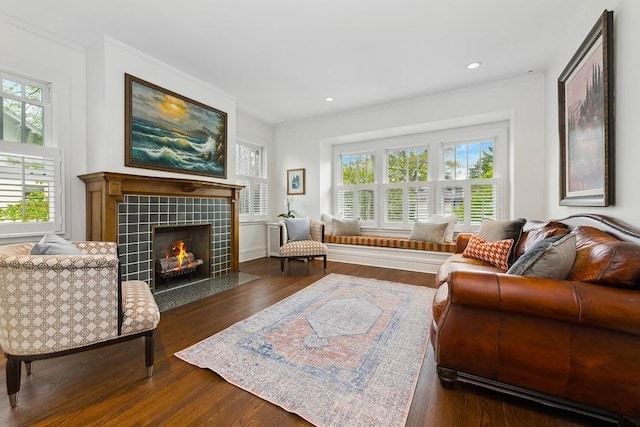 living area featuring healthy amount of natural light, wood finished floors, a fireplace, crown molding, and recessed lighting