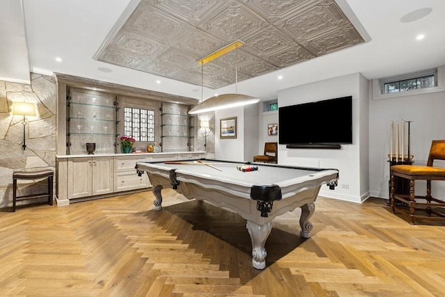 rec room with pool table and recessed lighting