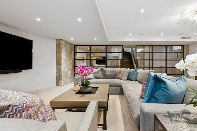 living area with recessed lighting and carpet