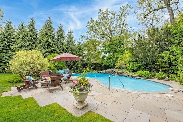swimming pool featuring a patio and a fire pit