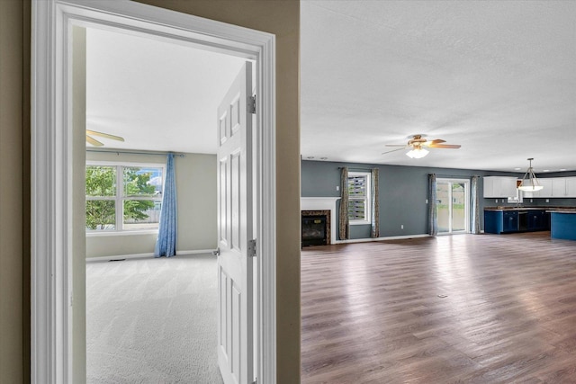 2302 Slade Ln, Mahomet, IL 61853 - unfurnished living room with a ceiling fan, plenty of natural light, a glass covered fireplace, a textured ceiling, and wood finished floors